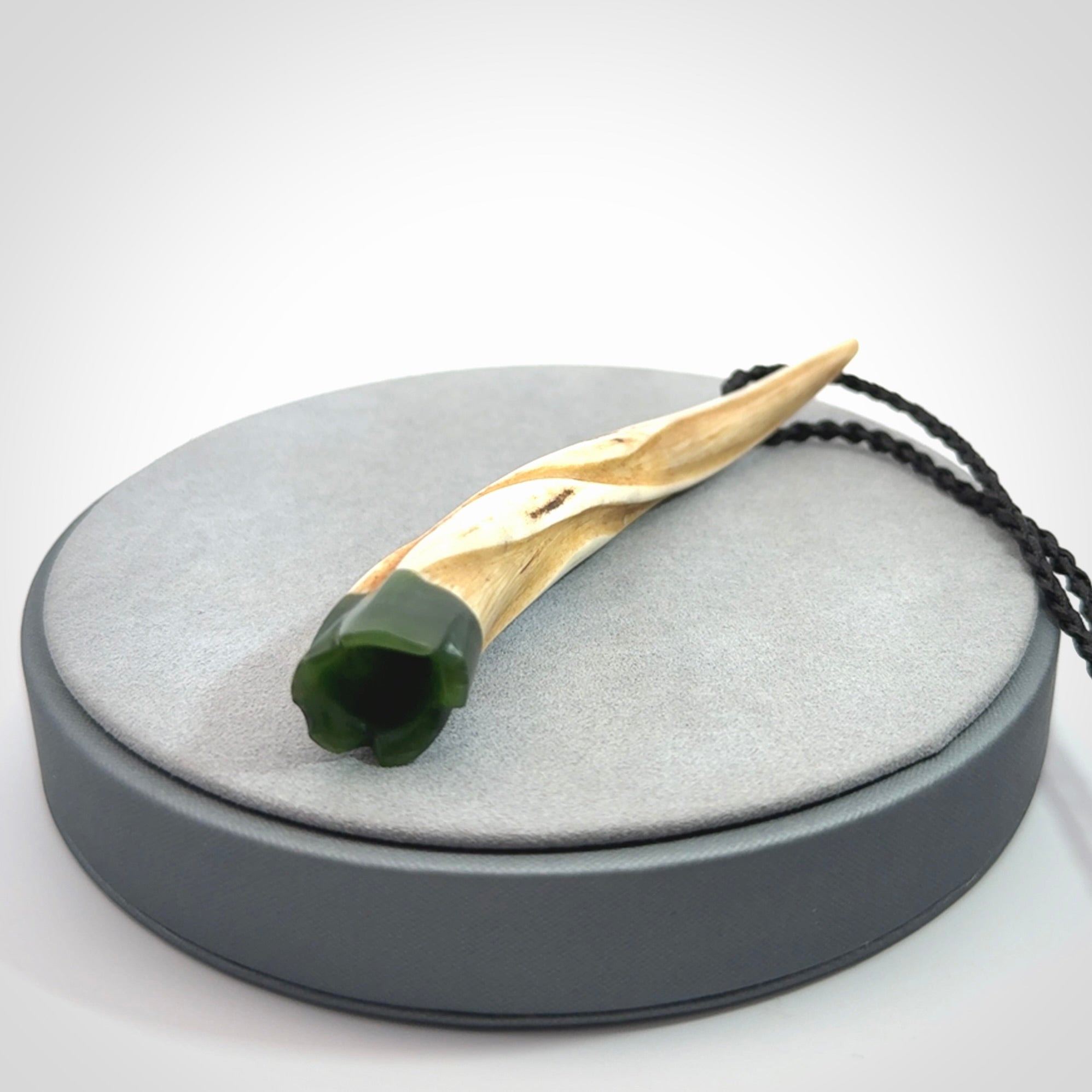 Drop pendant Hand Carved in Deer Antler and Jade