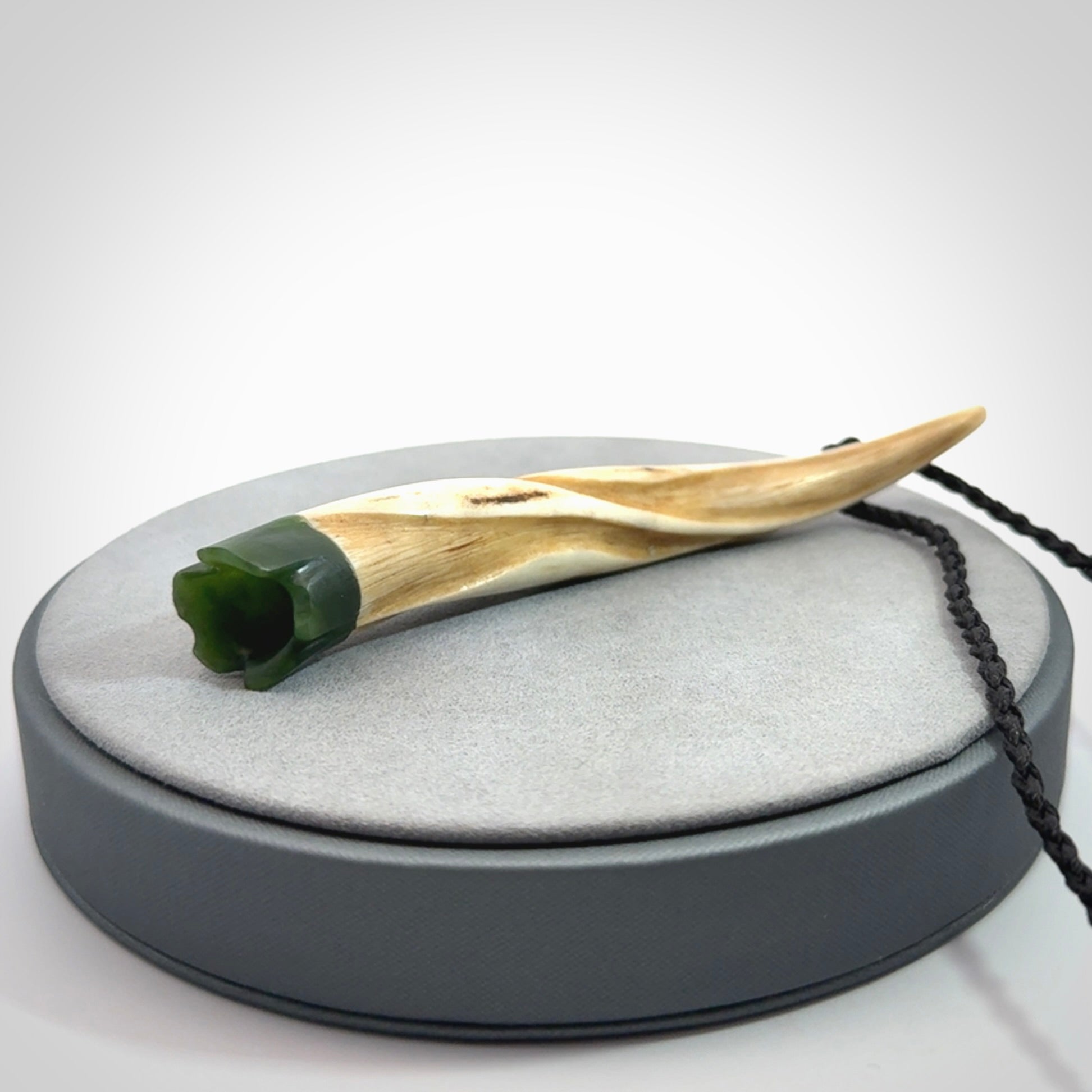 Drop pendant Hand Carved in Deer Antler and Jade