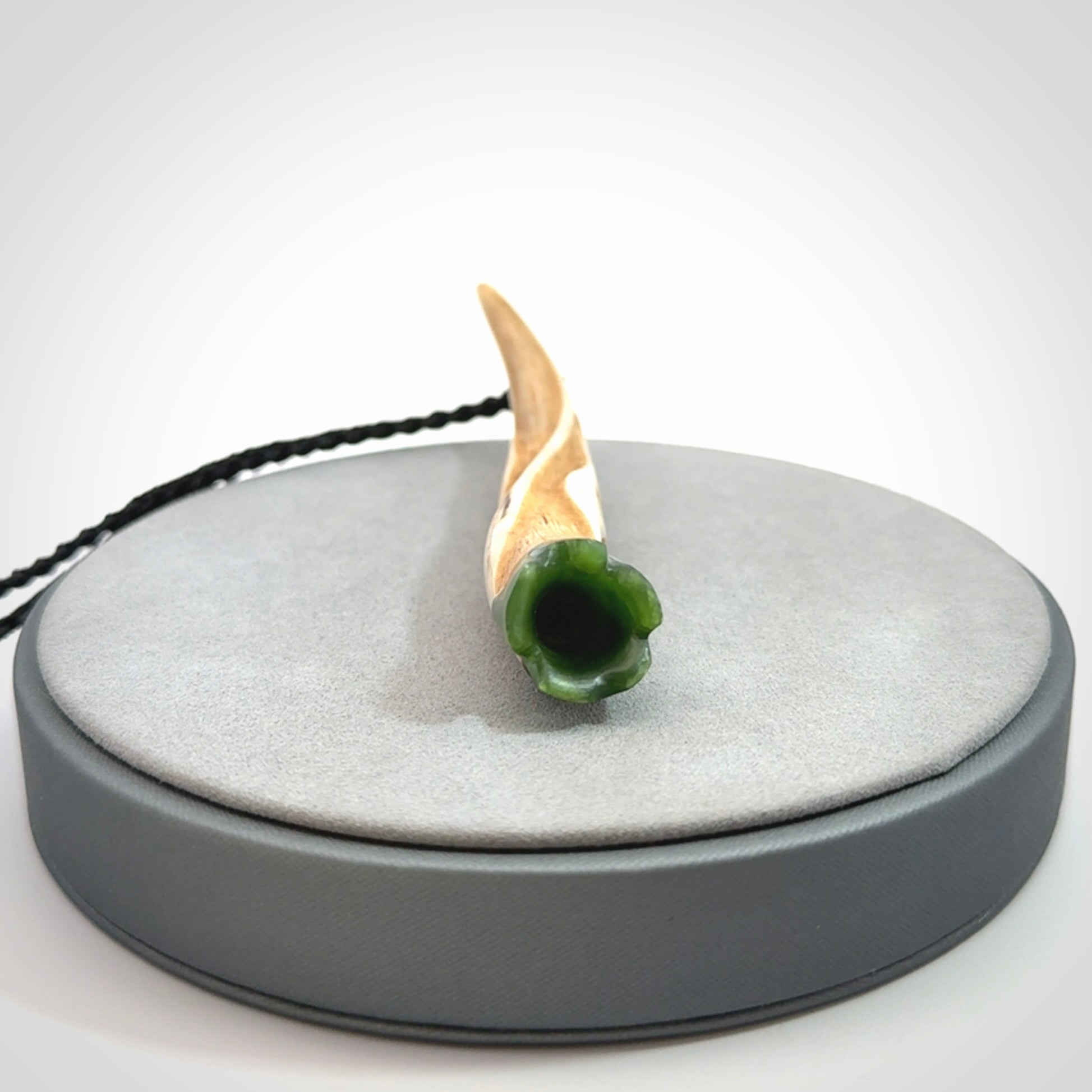 Drop pendant Hand Carved in Deer Antler and Jade