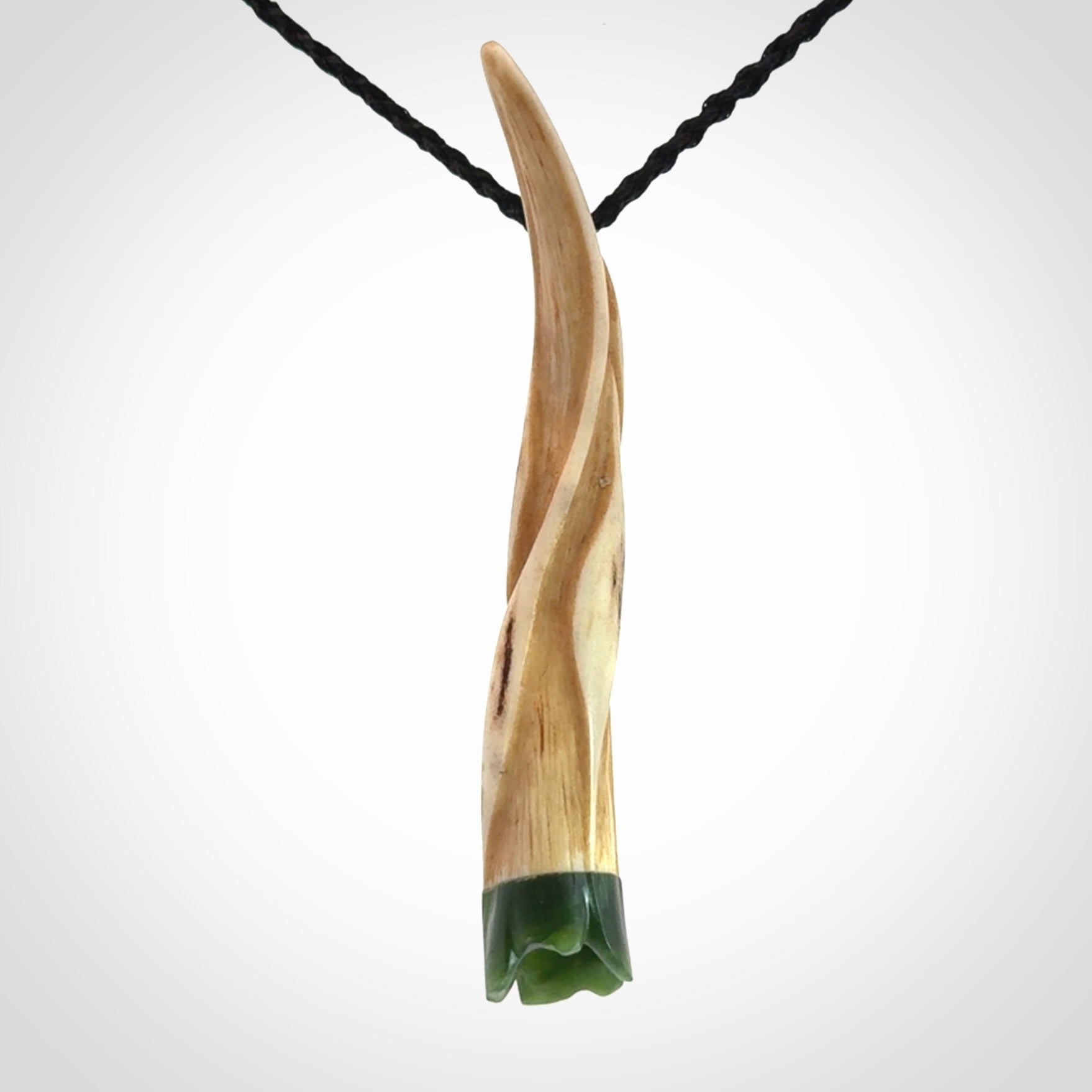 Drop pendant Hand Carved in Deer Antler and Jade