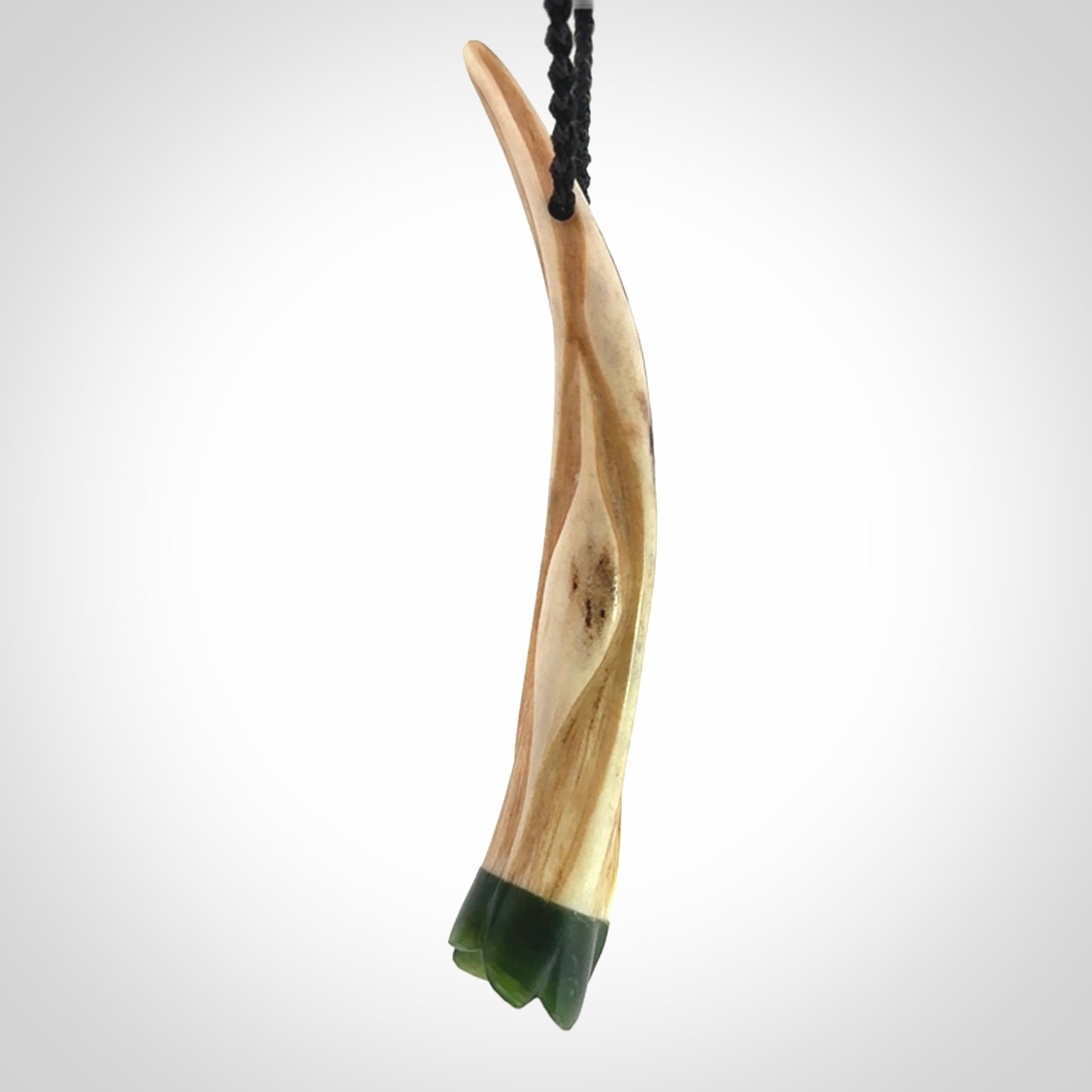 Drop pendant Hand Carved in Deer Antler and Jade