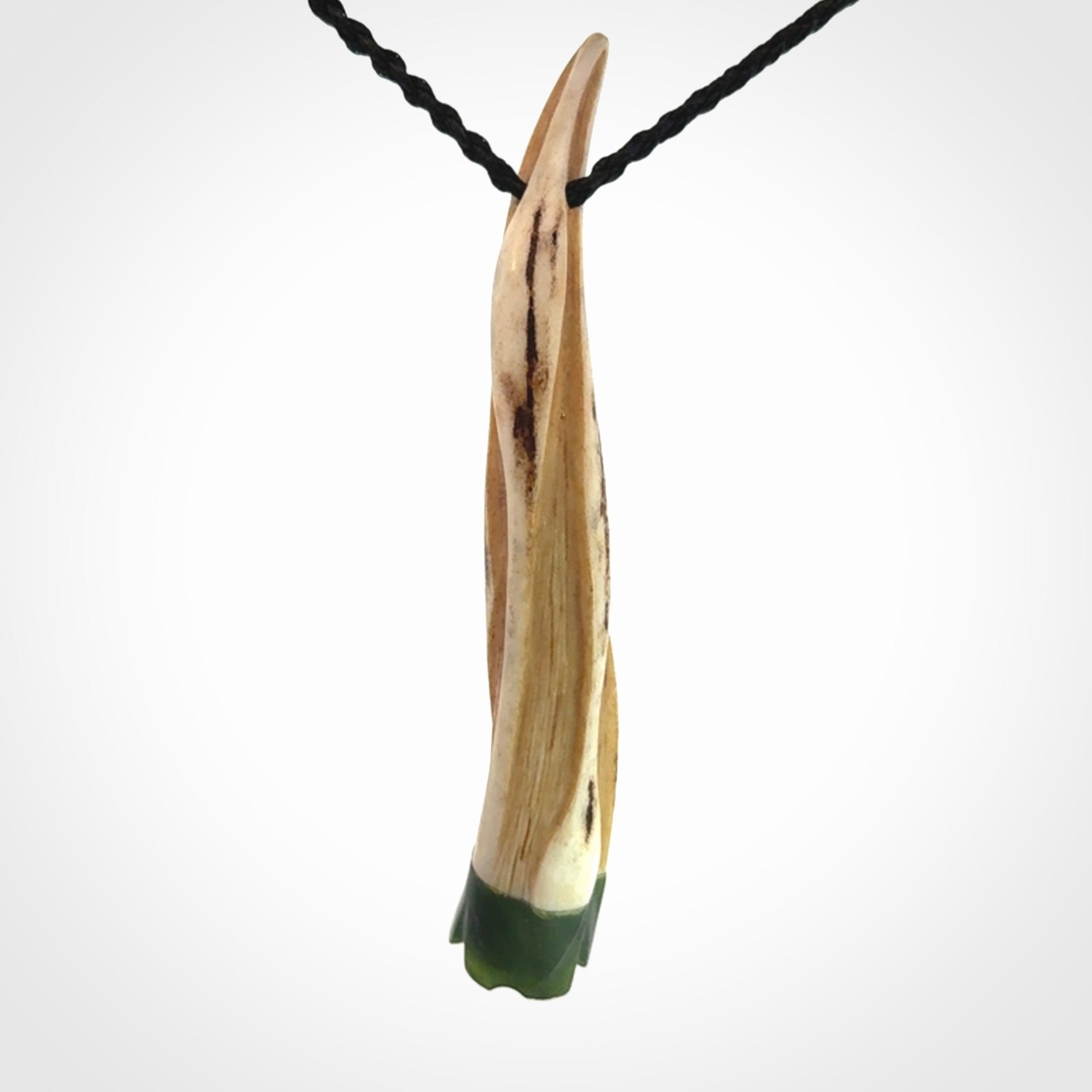 Drop pendant Hand Carved in Deer Antler and Jade