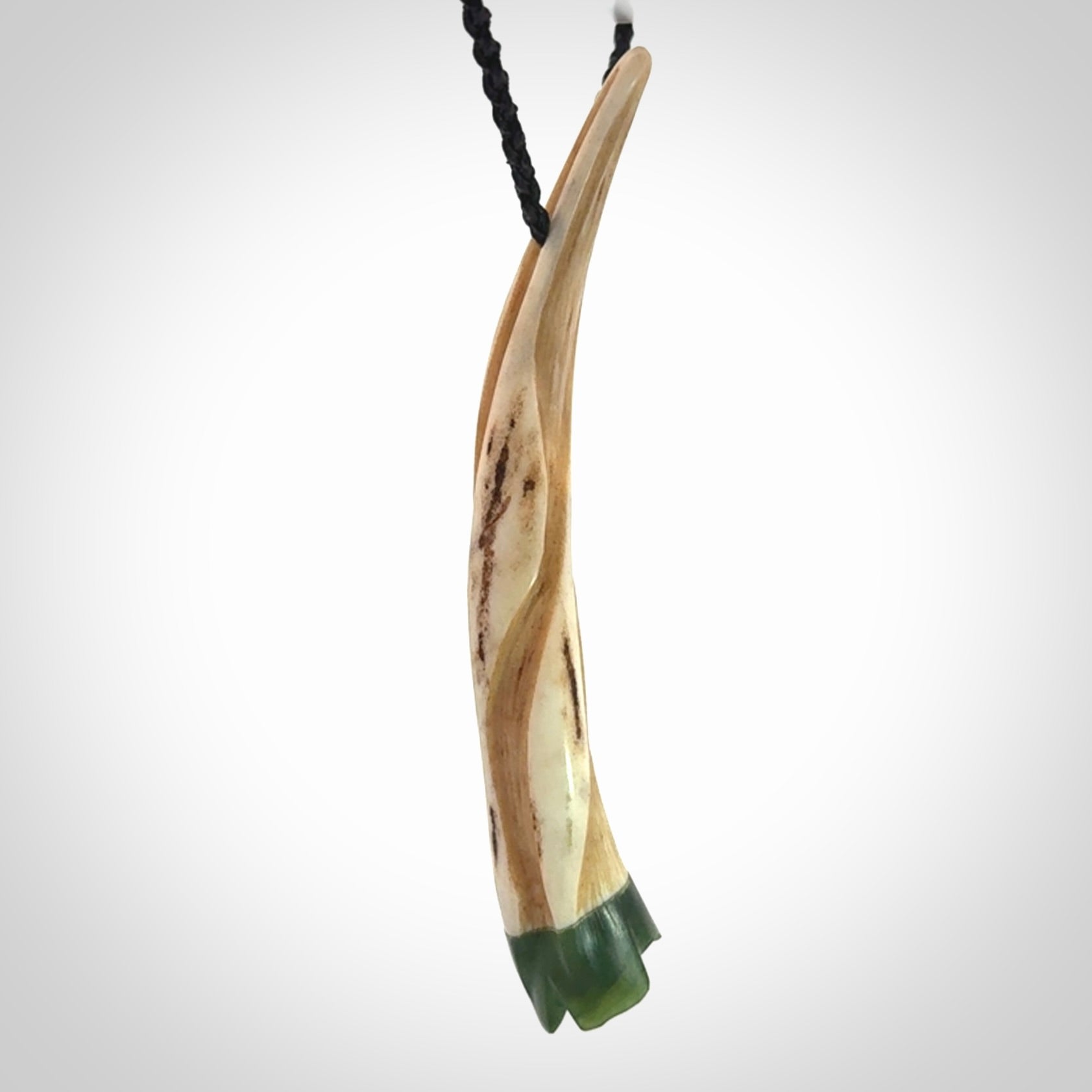 Drop pendant Hand Carved in Deer Antler and Jade
