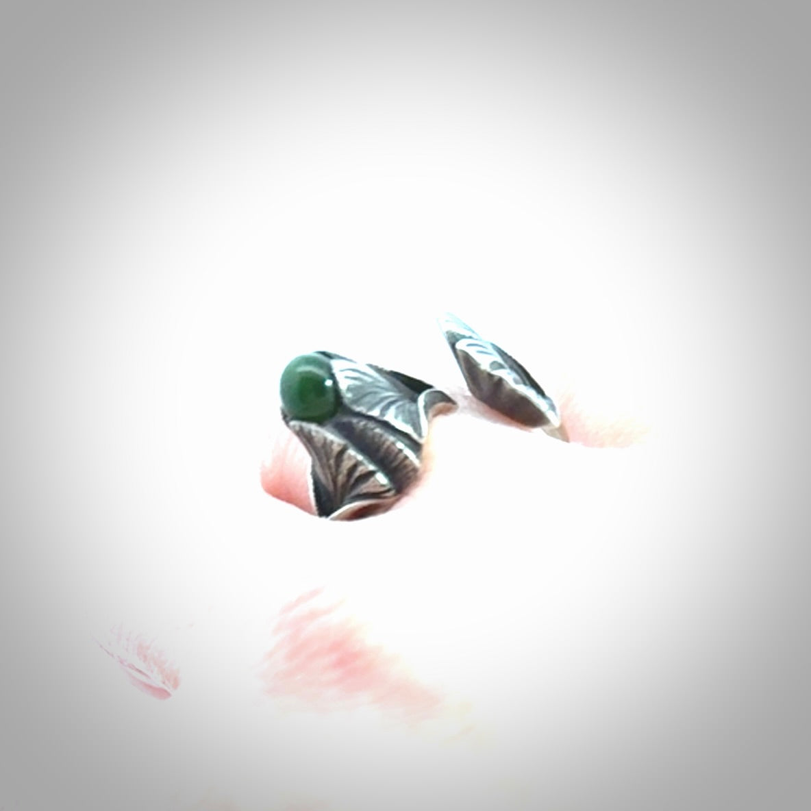 Hand carved jade ginkgo open ring with sterling silver.