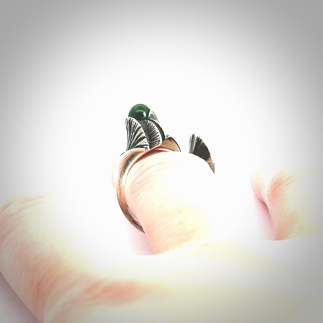 Hand carved jade ginkgo open ring with sterling silver.