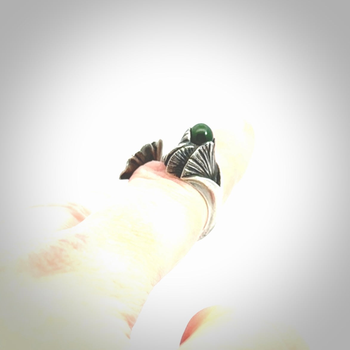 Hand carved jade ginkgo open ring with sterling silver.