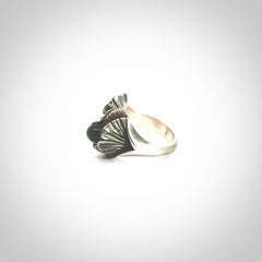 Hand carved jade ginkgo open ring with sterling silver.