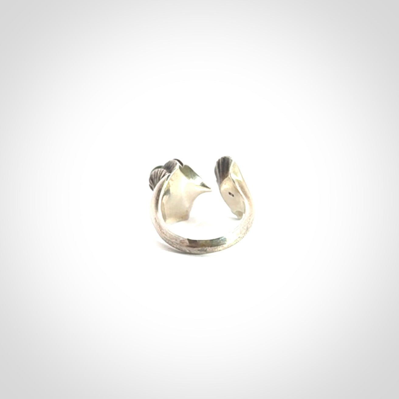 Hand carved jade ginkgo open ring with sterling silver.