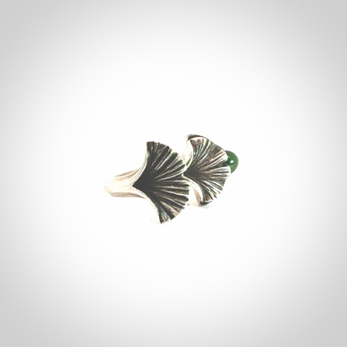 Hand carved jade ginkgo open ring with sterling silver.