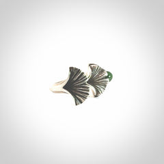 Hand carved jade ginkgo open ring with sterling silver.