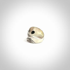 Hand carved jade band ring with sterling silver.