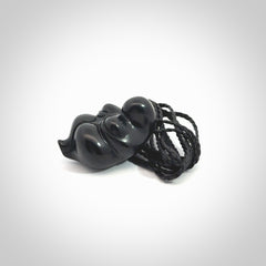 Black jade goddess pendant. Hand carved by NZ Pacific. Black Jade jewellery for sale online. Midnight Goddess is provided on a black adjustable cord and packaged in a woven kete pouch.