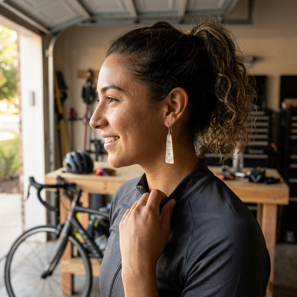 Woman wearing Mother of Pearl earrings