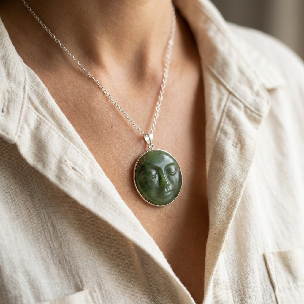 person wearing jade moonface pendant