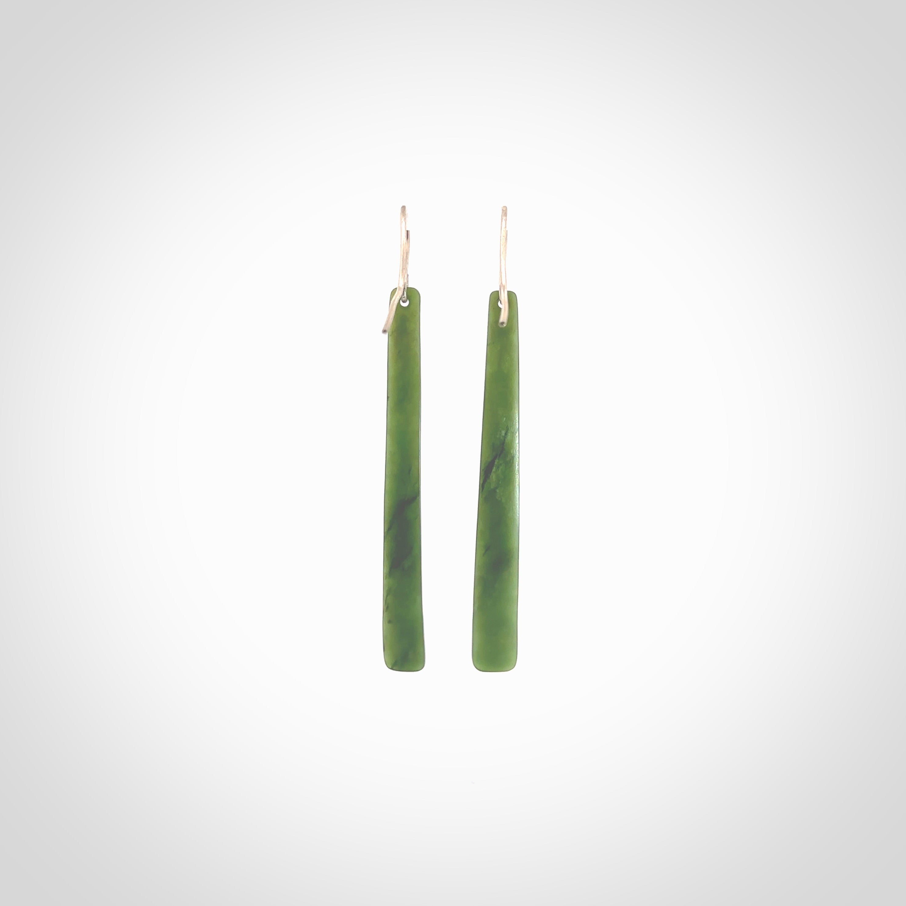 Hand carved large New Zealand jade drop earrings. Made by NZ Pacific from real jade. Online jewellery for sale online by NZ Pacific. Hand carved here in New Zealand by Ric Moor.
