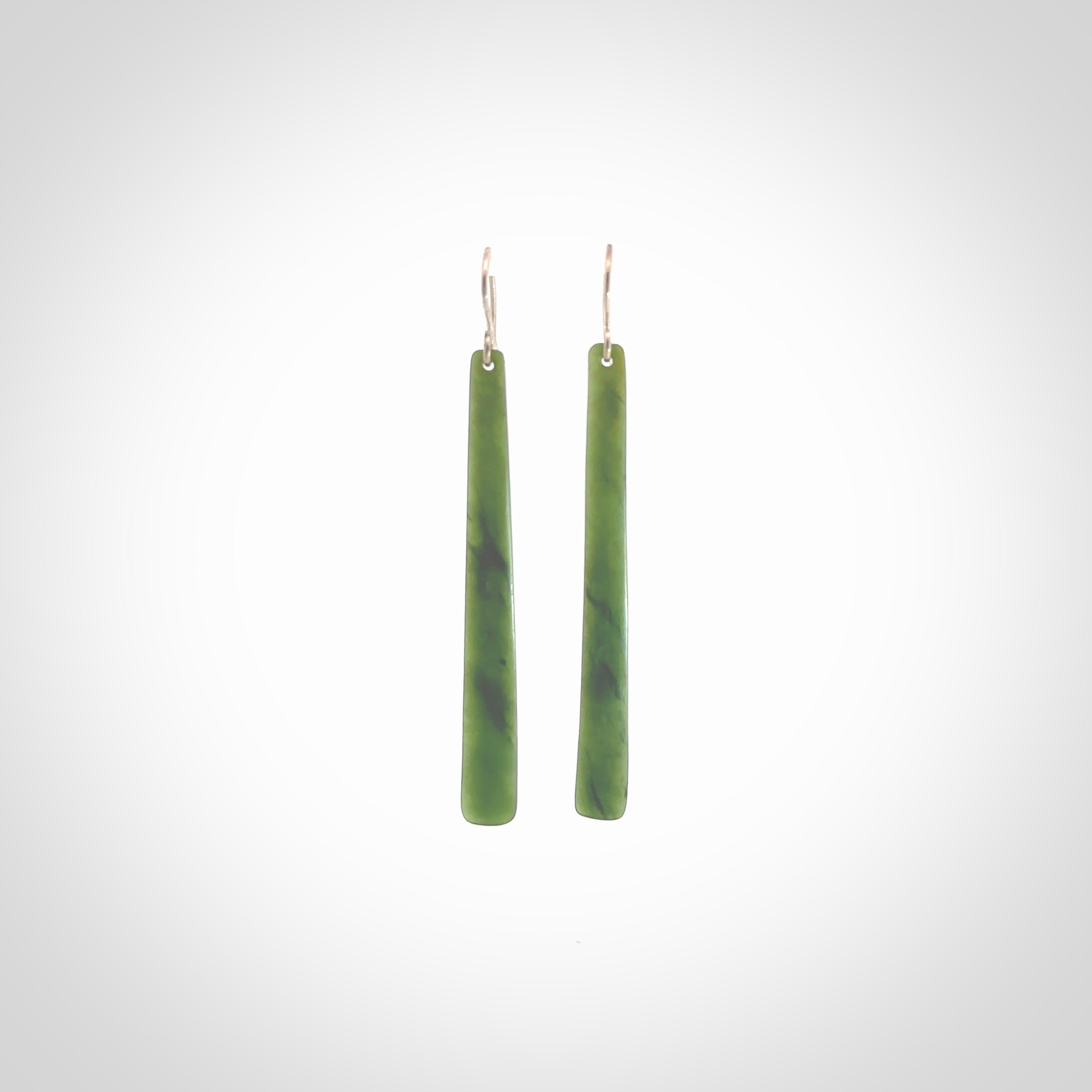 Hand carved large New Zealand jade drop earrings. Made by NZ Pacific from real jade. Online jewellery for sale online by NZ Pacific. Hand carved here in New Zealand by Ric Moor.