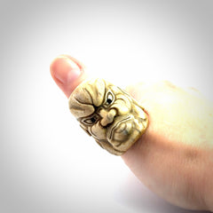 Hand carved Ni-Oh mask ring. Made from Red Deer antler in New Zealand. Unique Ni-Oh temple guardian ring hand made from deer antler by master bone carver Fumio Noguchi. Spectacular collectable work of art, made to wear. One only ring, delivered to you with express courier.