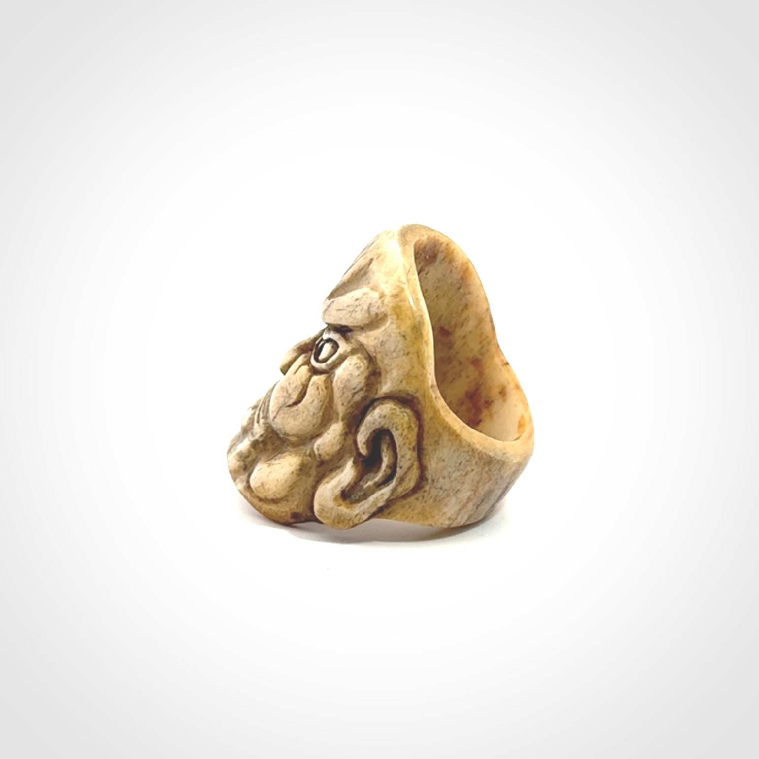 Hand carved Ni-Oh mask ring. Made from Red Deer antler in New Zealand. Unique Ni-Oh temple guardian ring hand made from deer antler by master bone carver Fumio Noguchi. Spectacular collectable work of art, made to wear. One only ring, delivered to you with express courier.