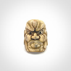 Hand carved Ni-Oh mask ring. Made from Red Deer antler in New Zealand. Unique Ni-Oh temple guardian ring hand made from deer antler by master bone carver Fumio Noguchi. Spectacular collectable work of art, made to wear. One only ring, delivered to you with express courier.