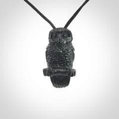 A traditional Owl design carving, hand made for us from Australian Black Jade. This is a work of art and is a collectable piece of traditional Black Jade carving. It can be worn as a special piece of jewellery or displayed. This is art made to wear at its finest. A unisex pendant for owl lovers. This pendant is provided with an adjustable cord.