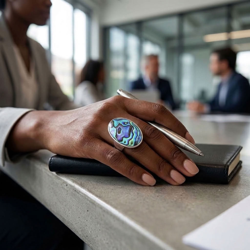 Woman wearing paua shell and sterling silver ring