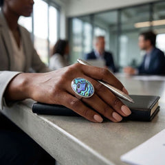 Woman wearing paua shell and sterling silver ring