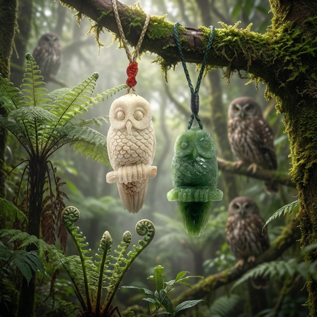 Owl pendants, hand made in deer antler and jade.
