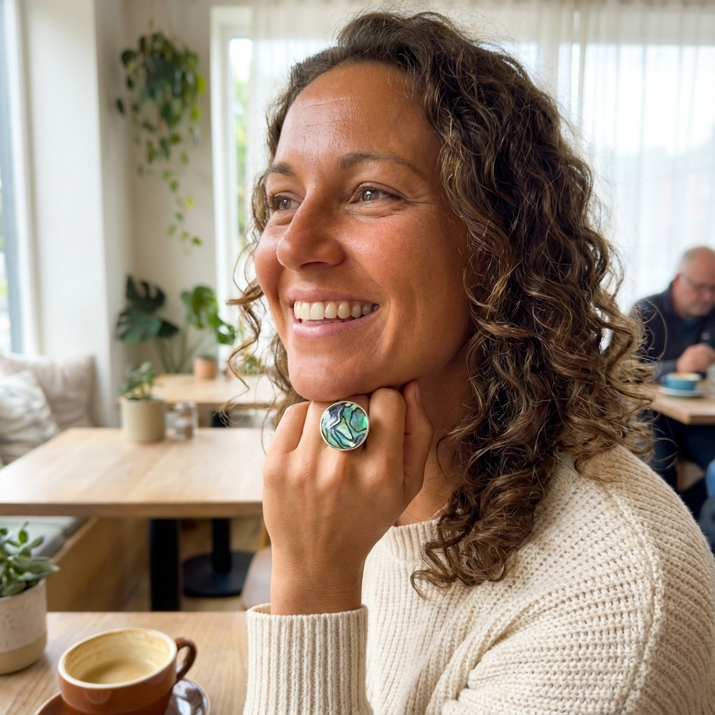 Woman wearing a paua shell ring
