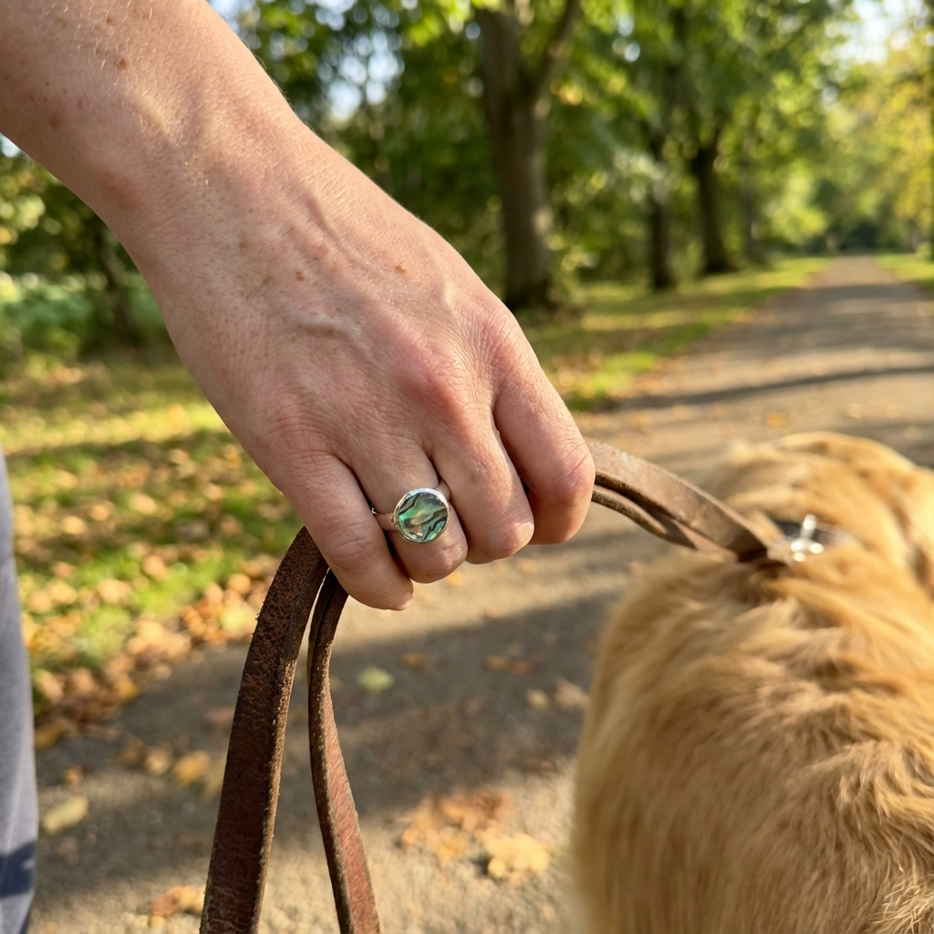 Person wearing a paua shell ring