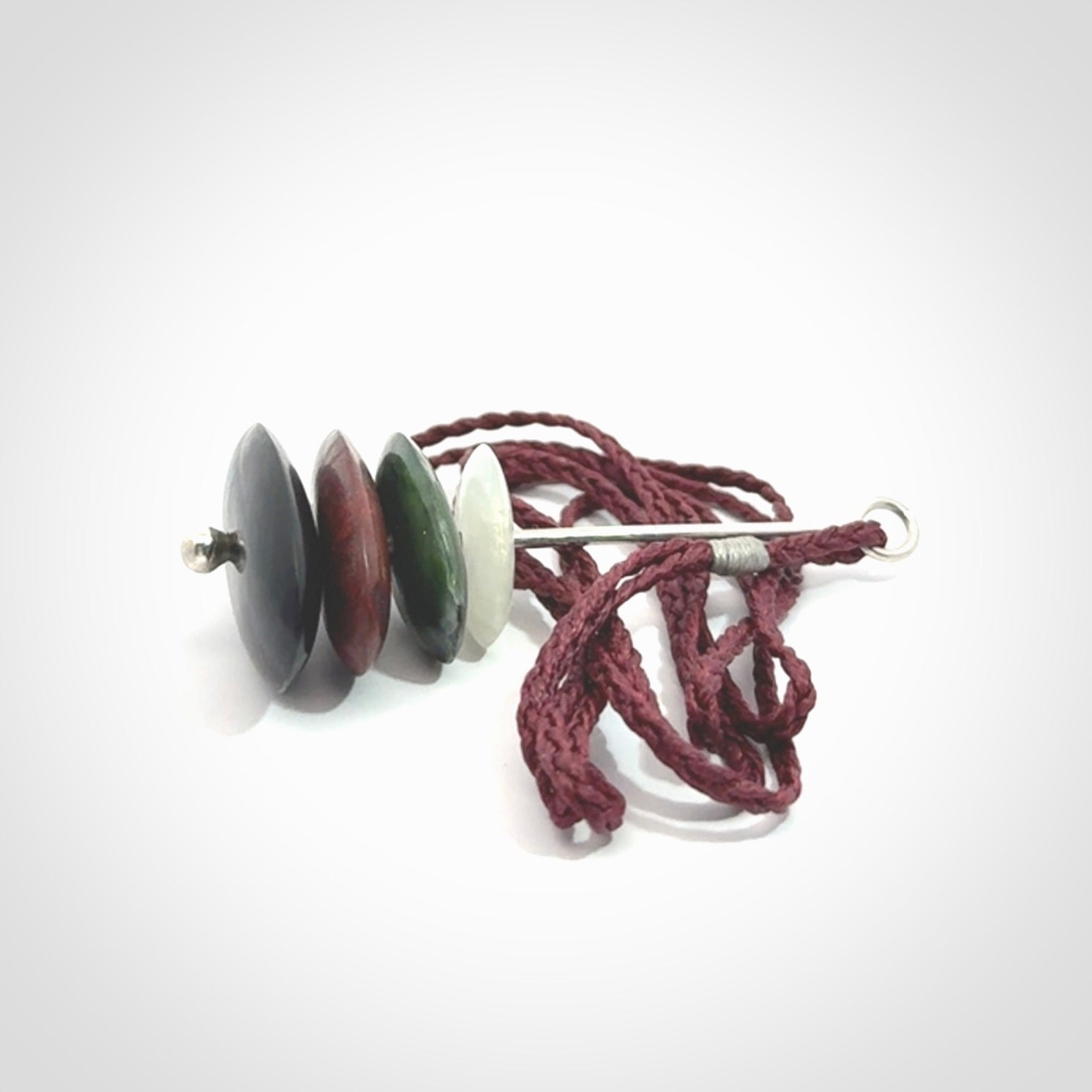 Snow Jade, Jasper, Black Jade and Green Jade stone stack pendant with adjustable burgundy cord.