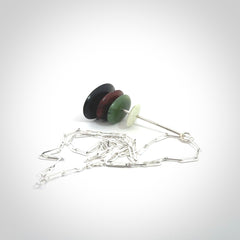 Snow Jade, Jasper, Black Jade and Green Jade stone stack pendant with sterling silver chain.