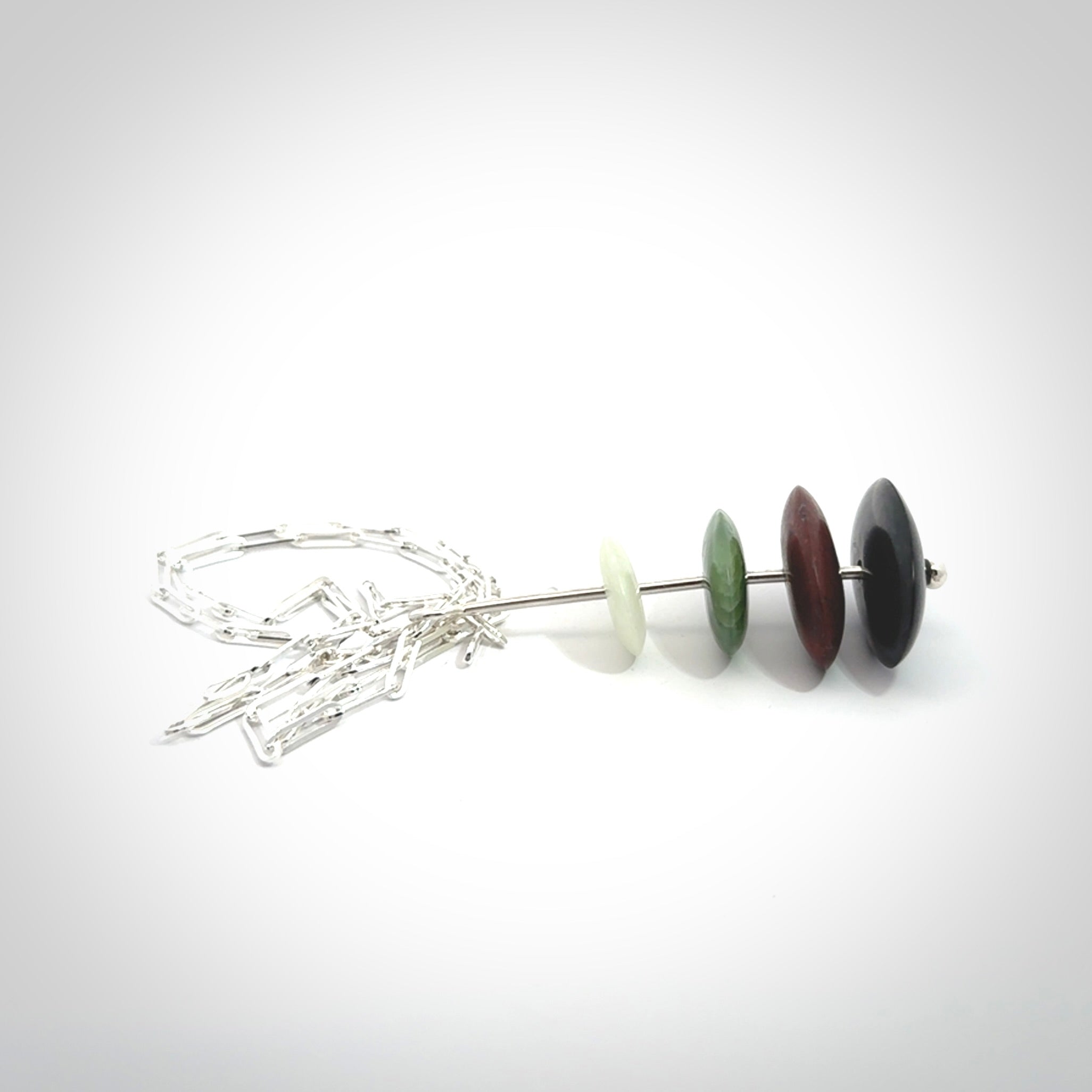 Snow Jade, Jasper, Black Jade and Green Jade stone stack pendant with sterling silver chain.