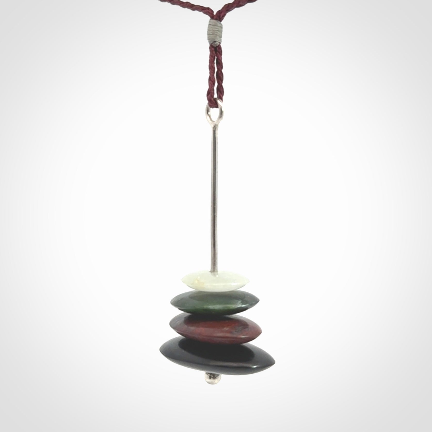 Snow Jade, Jasper, Black Jade and Green Jade stone stack pendant with adjustable burgundy cord.