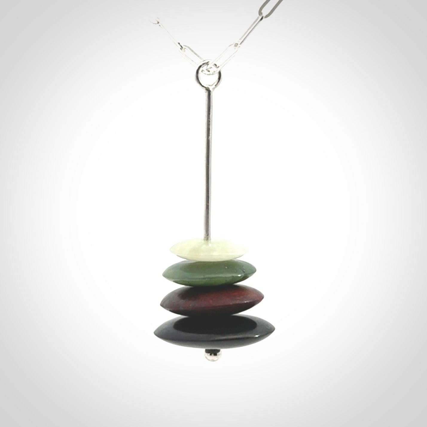 Snow Jade, Jasper, Black Jade and Green Jade stone stack pendant with sterling silver chain.