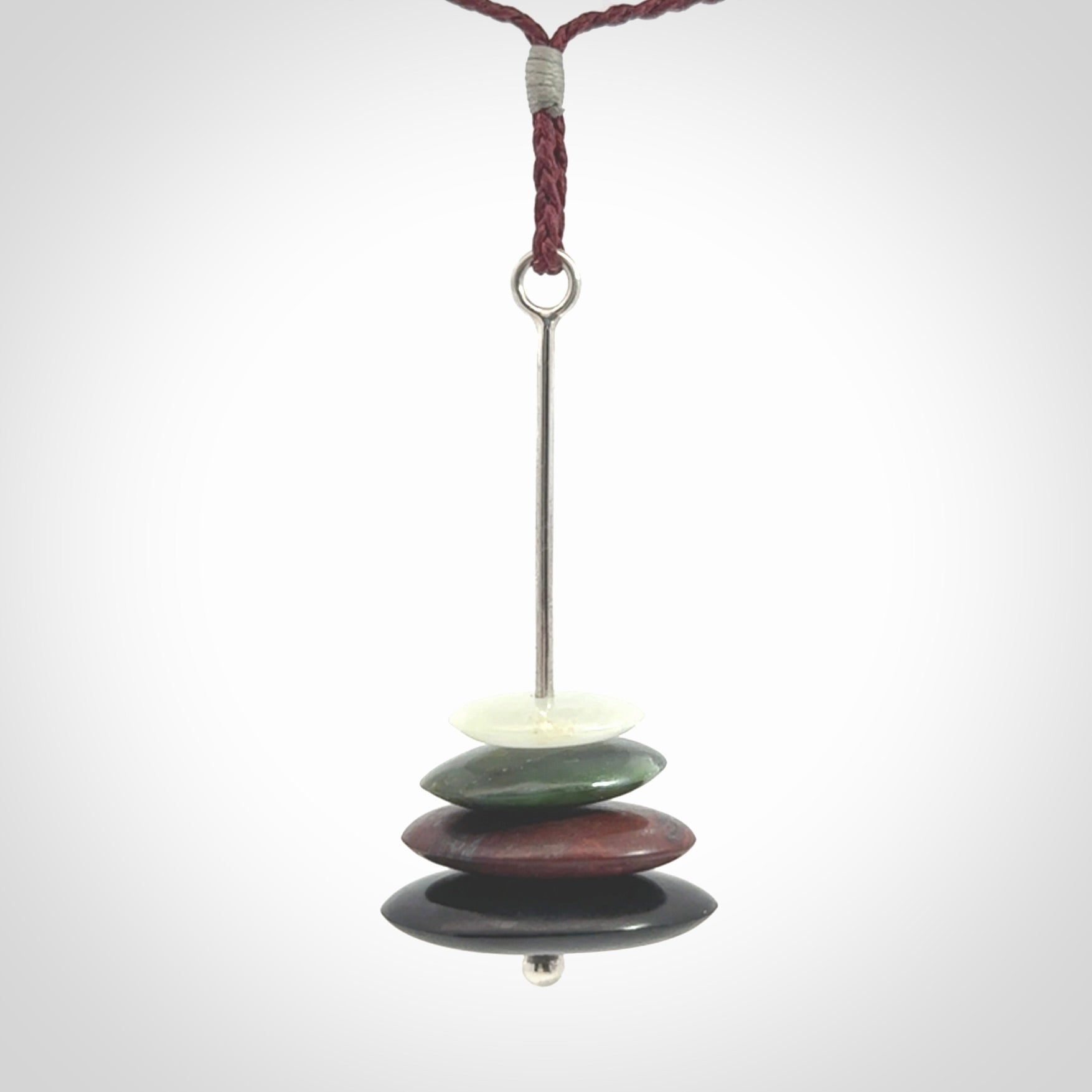 Snow Jade, Jasper, Black Jade and Green Jade stone stack pendant with adjustable burgundy cord.