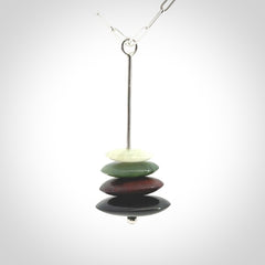 Snow Jade, Jasper, Black Jade and Green Jade stone stack pendant with sterling silver chain.