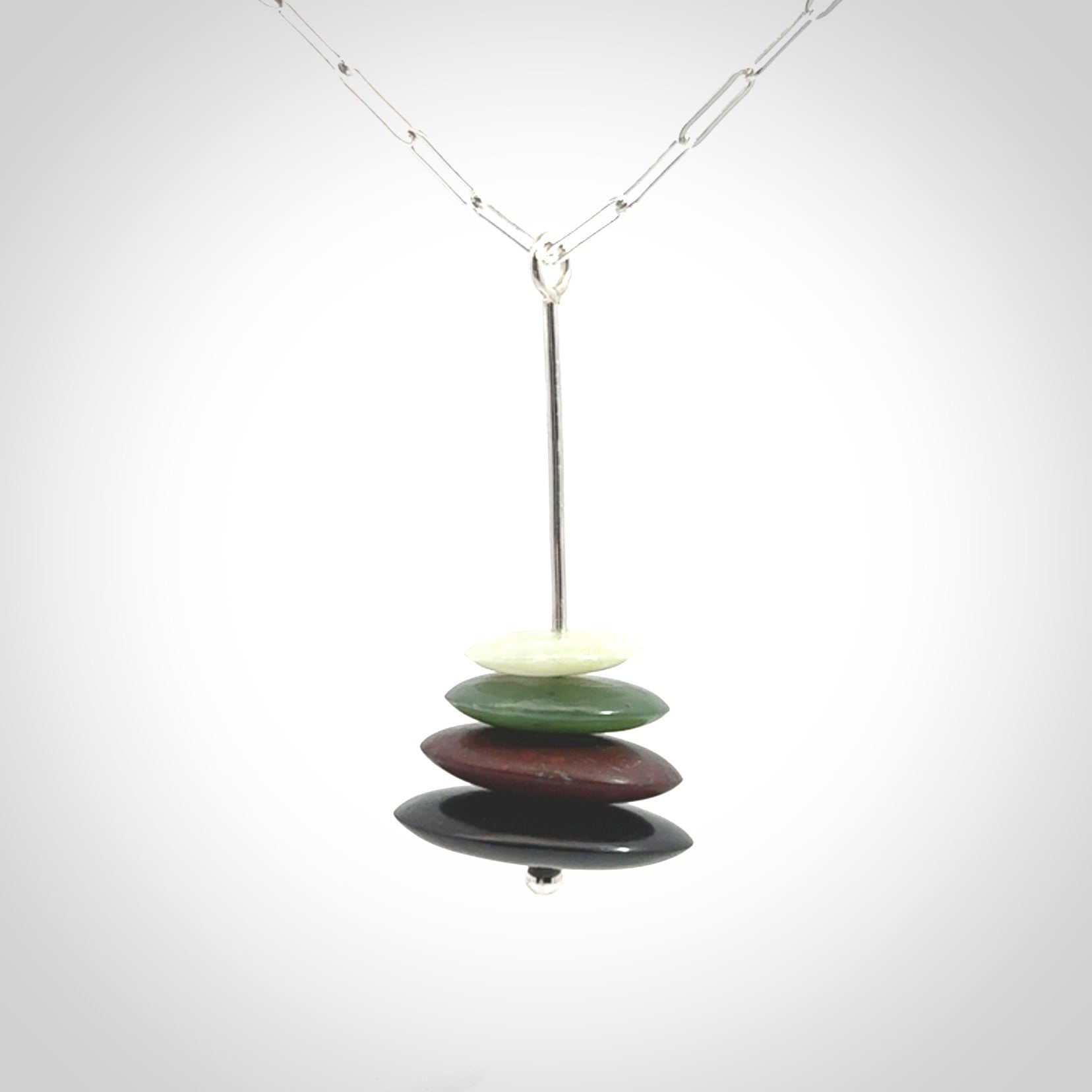 Snow Jade, Jasper, Black Jade and Green Jade stone stack pendant with sterling silver chain.