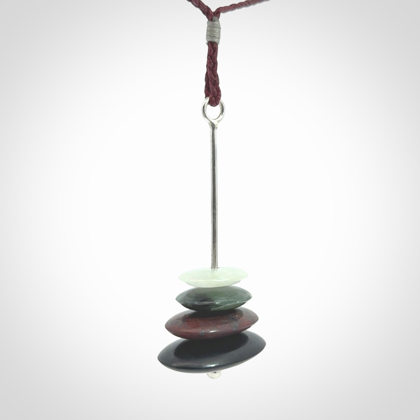 Snow Jade, Jasper, Black Jade and Green Jade stone stack pendant with adjustable burgundy cord.