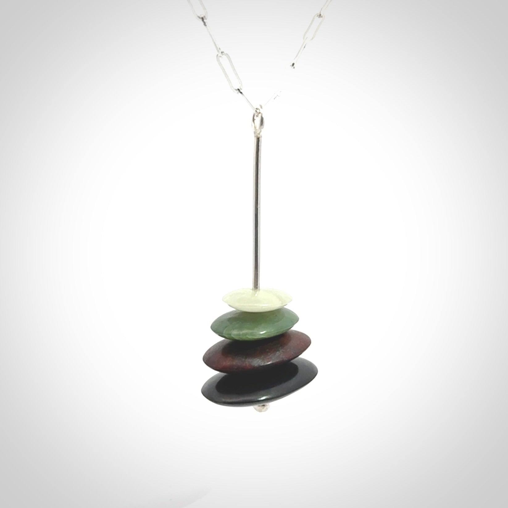 Snow Jade, Jasper, Black Jade and Green Jade stone stack pendant with sterling silver chain.