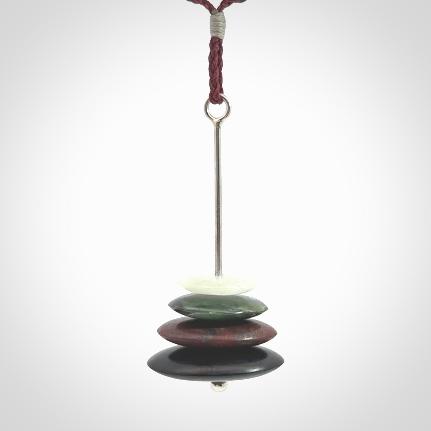 Snow Jade, Jasper, Black Jade and Green Jade stone stack pendant with adjustable burgundy cord.