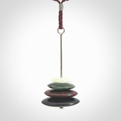 Snow Jade, Jasper, Black Jade and Green Jade stone stack pendant with adjustable burgundy cord.