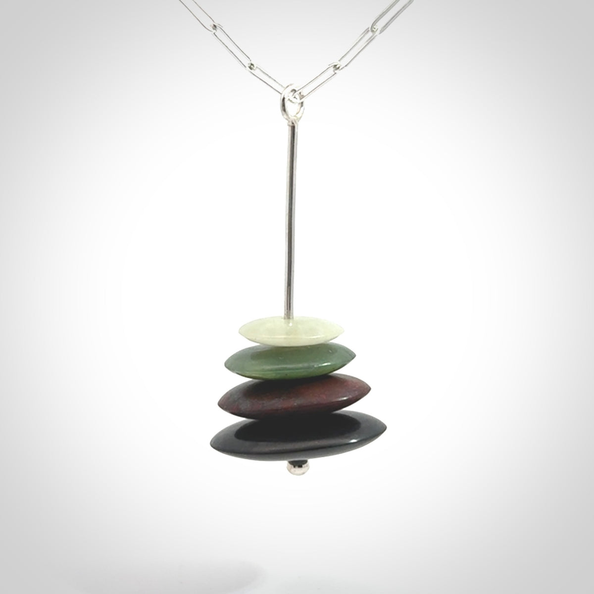 Snow Jade, Jasper, Black Jade and Green Jade stone stack pendant with sterling silver chain.