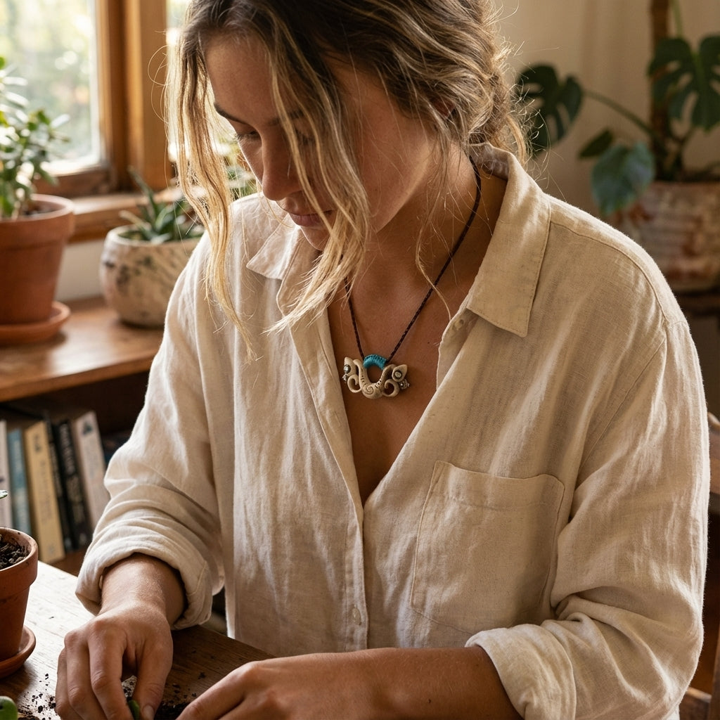 Woman working wearing a pekapeka pendant