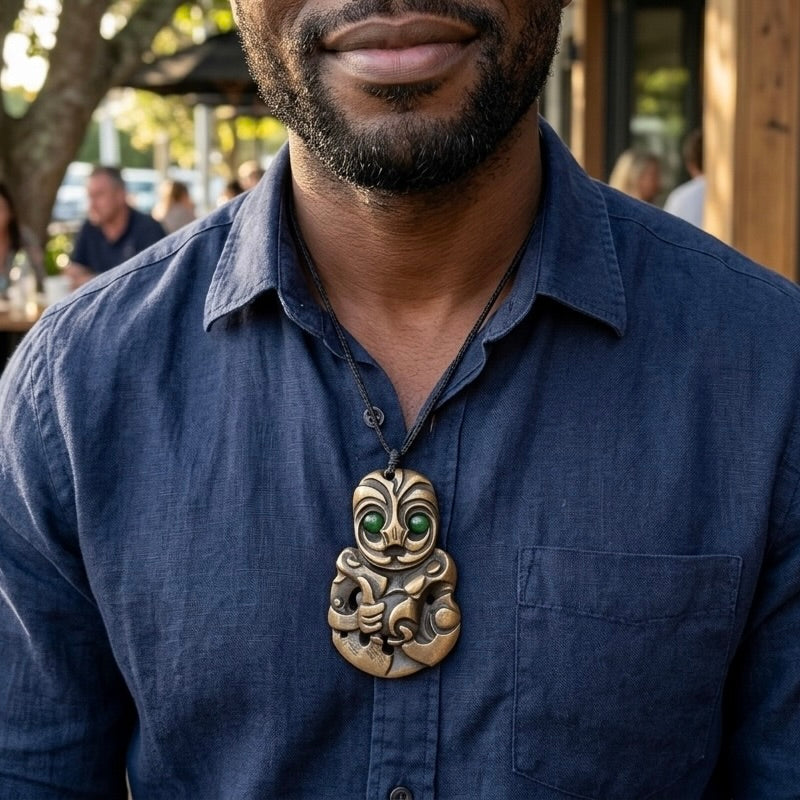 Man wearing bronze tiki pendant