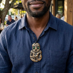 Man wearing bronze tiki pendant