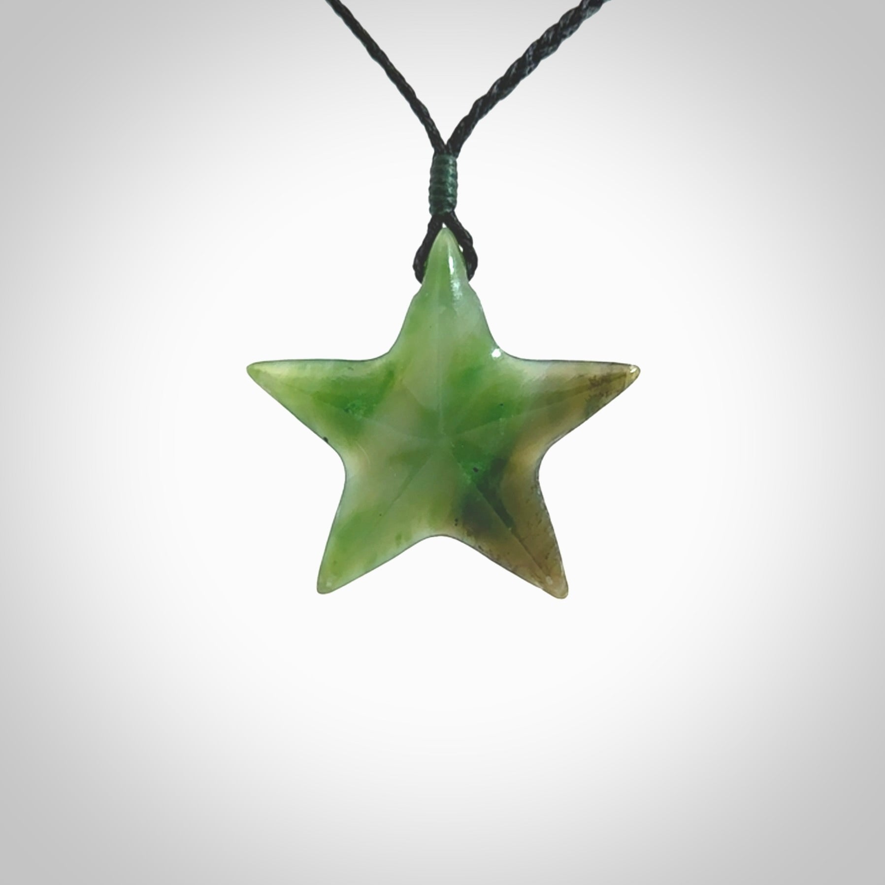 Hand made jade star pendant. Star shaped necklace hand made from Jade, delivered with Express Courier. We provide this pendant on an adjustable cord and packaged in a woven kete pouch.