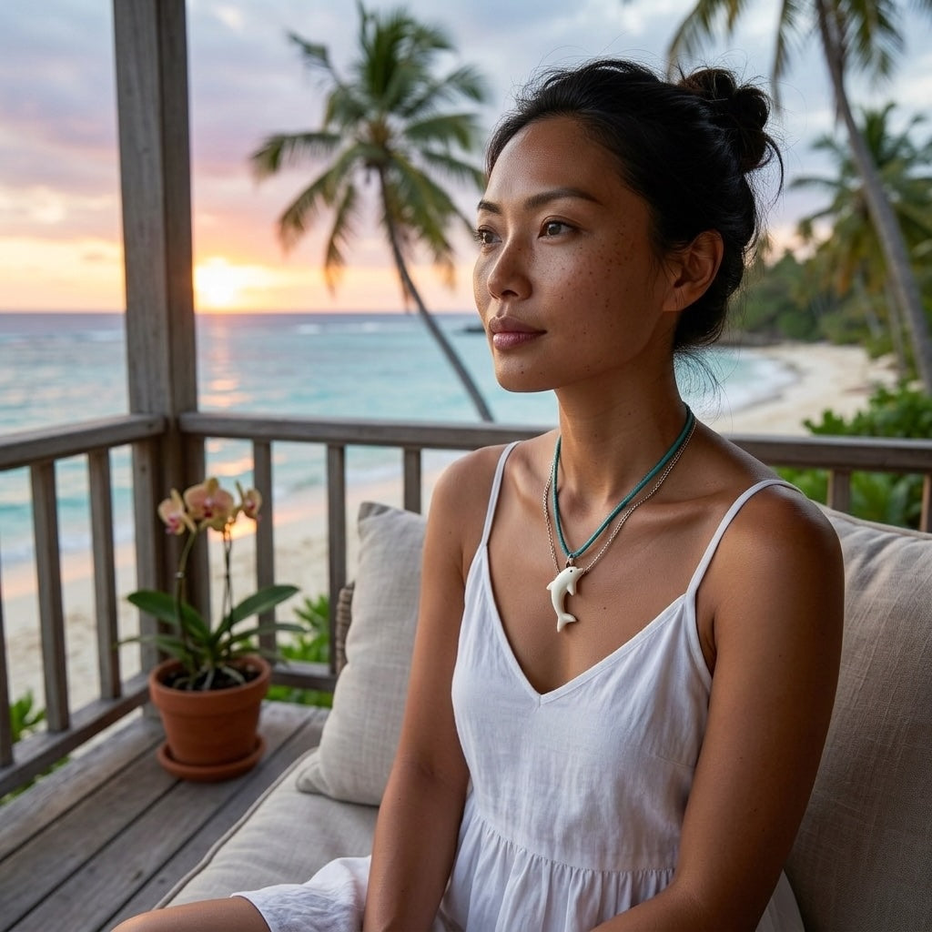 Woman wearing bone dolphin pendant