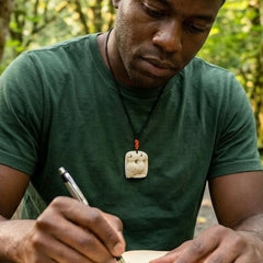 Man wearing puffin pendant