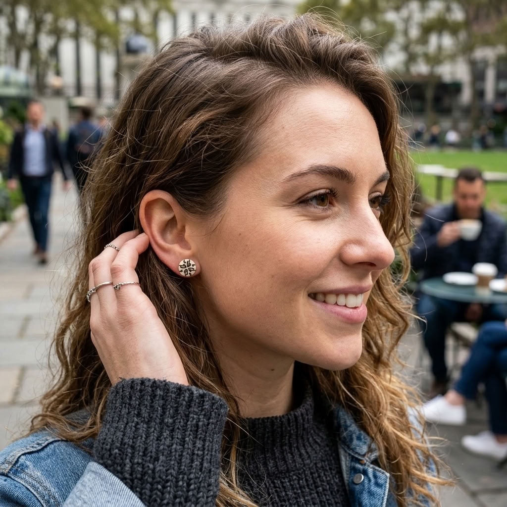 Woman wearing bone stud earrings