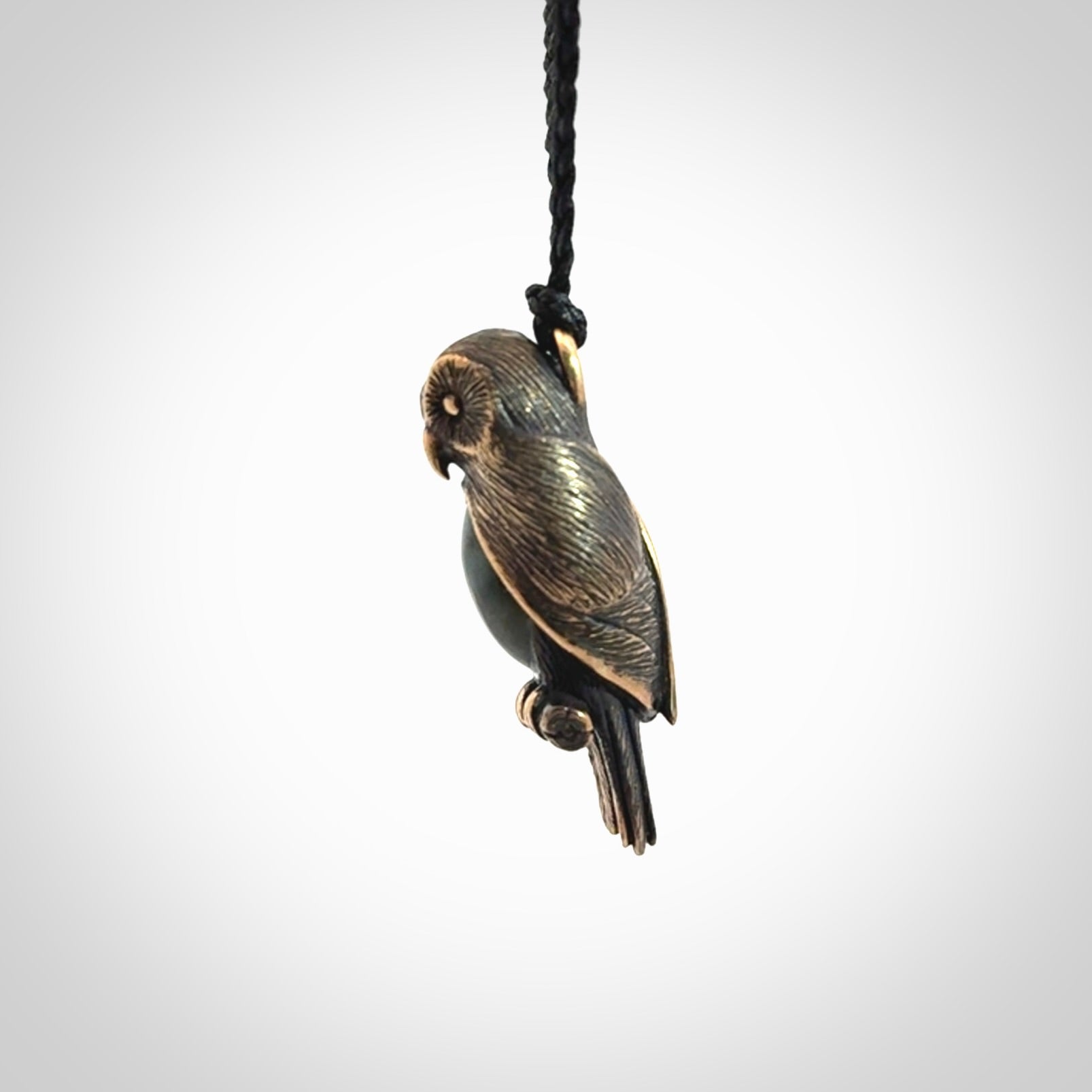 A Beautiful Bronze and Jade Ruru, Owl, Pendant